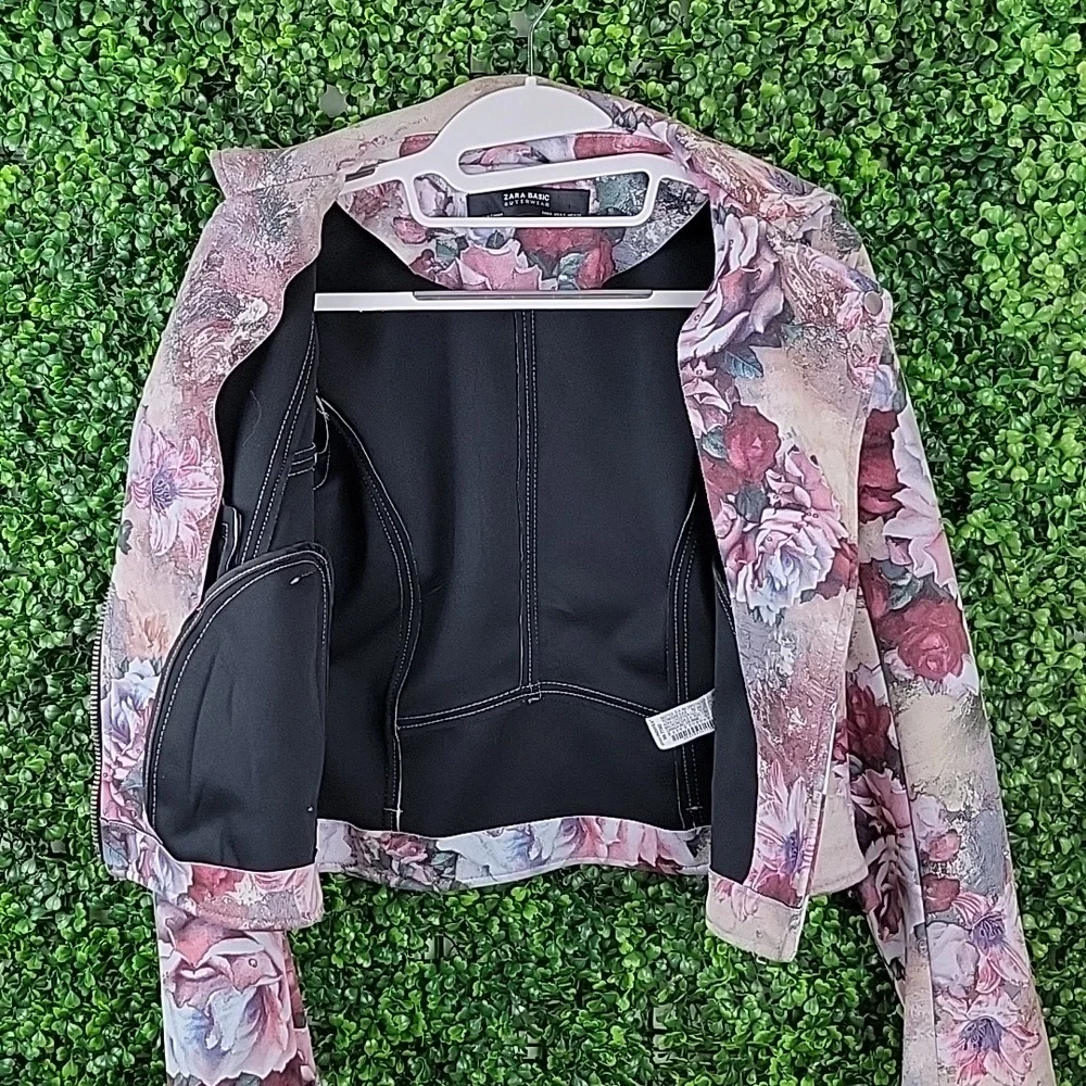 ZARA Basic Outerwear Floral Faux Suede Zippered Moto Jacket Cream/ Pink SZ Small - Picture 10 of 15